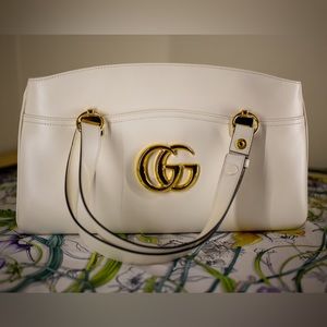 AUTHENTIC GUCCI WHITE CALFSKIN LEATHER ARLI TOP HANDLE LARGE SHOULDER BAG NWT